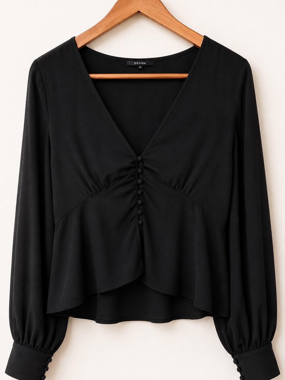 Women’s M Black Blouse V Neck Button Front Long Sleeve Romantic Peplum Size M